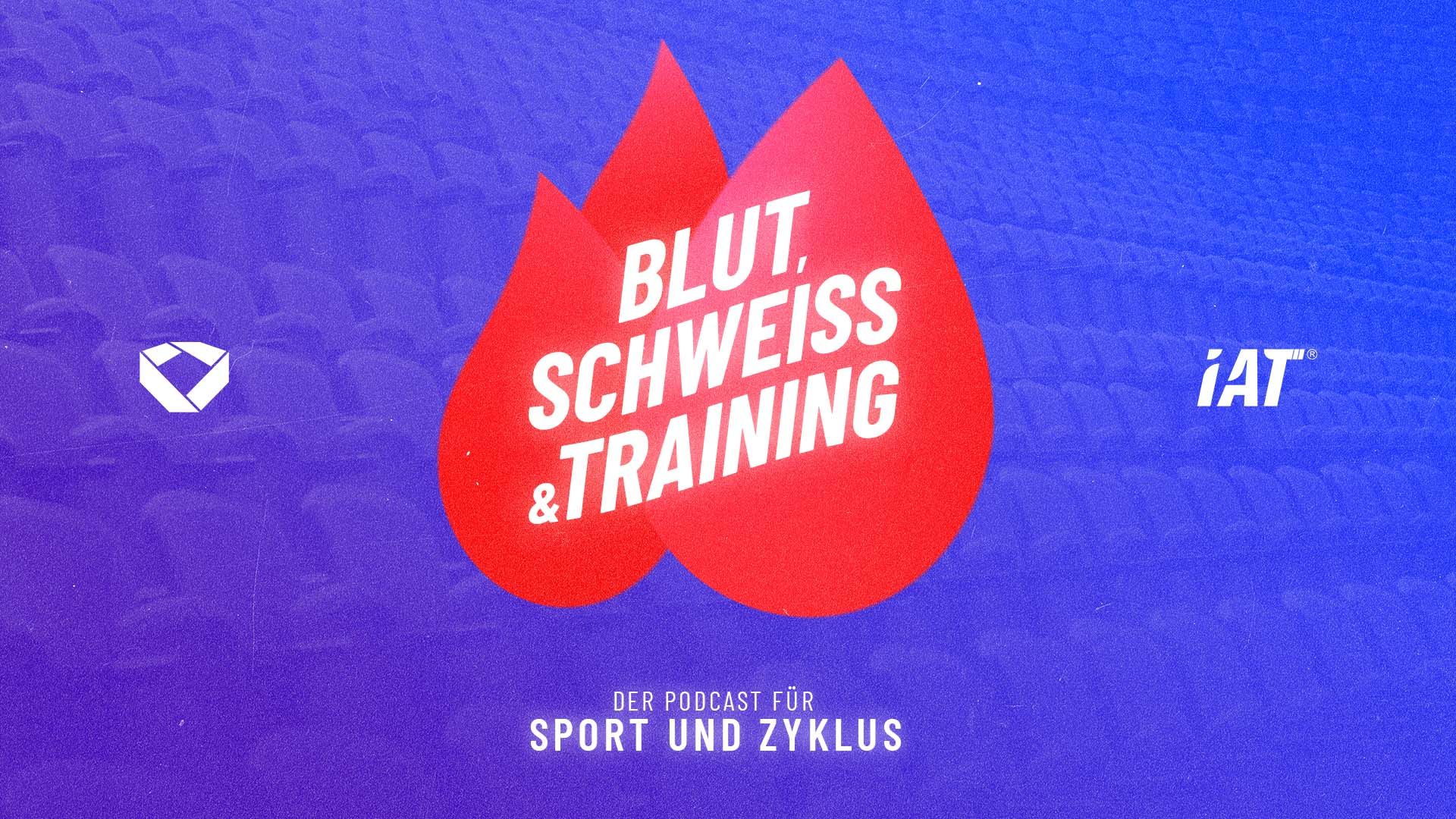 Ein blauer Hintergrund mit weißem Schriftzug mit dem Logo von Athleten Deutschland, dem IAT und dem Logo des Podcasts.